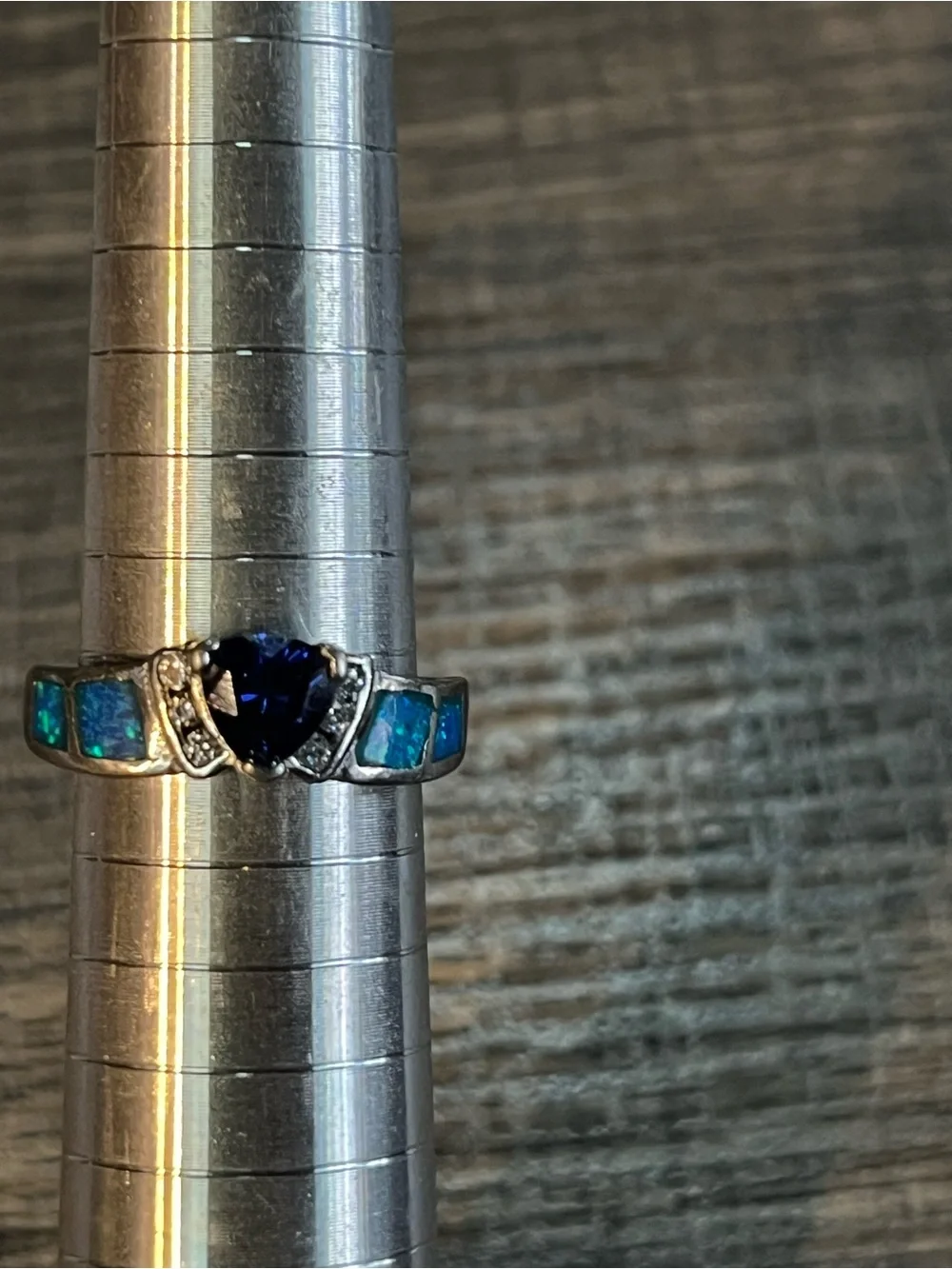 Sterling silver ring with blue center stone and opal inlay. Cz accents. Sz 8 New
